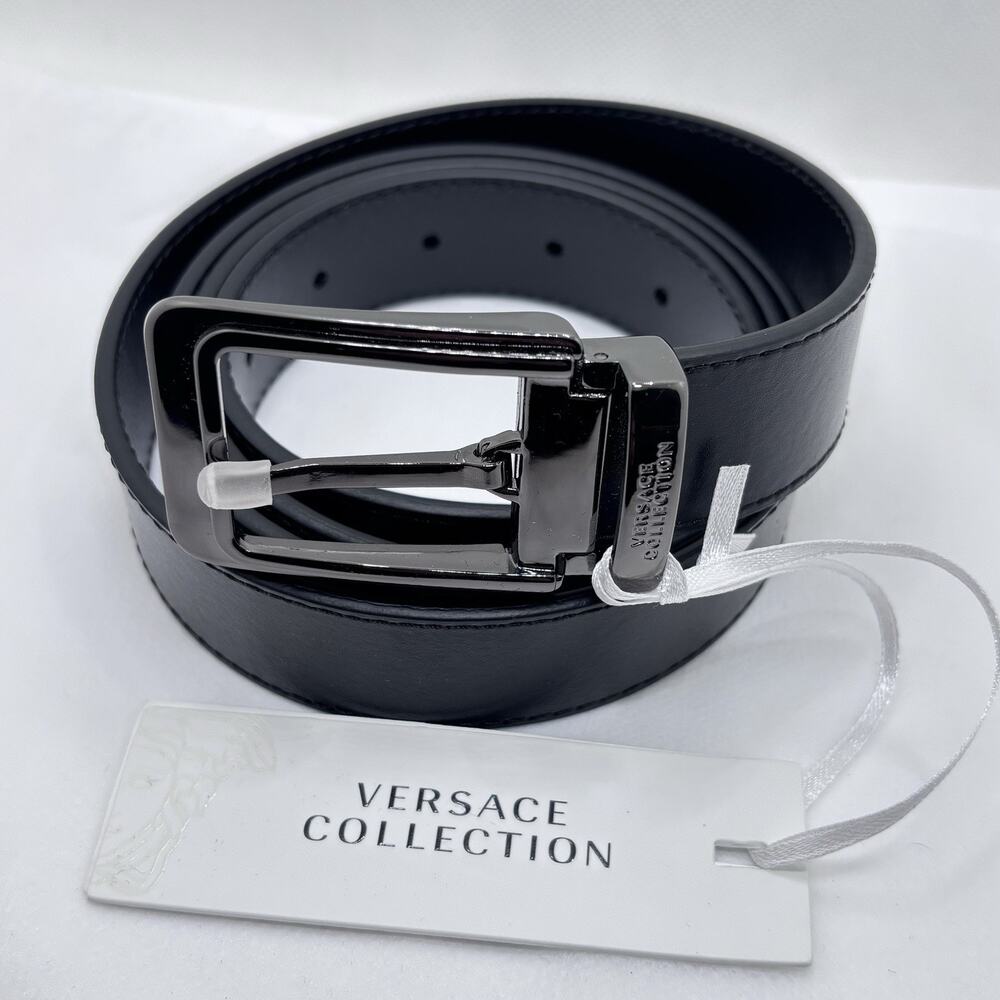Versace Collection Leather Logo Buckle Belt One Size Black Sz 120 - Picture 2 of 8